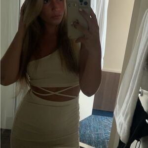 Cream One-Shoulder Dress with Crisscross Detail